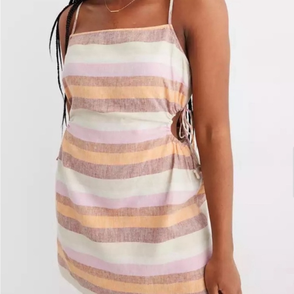 AERIE• Women’s Linen Mini Dress w/ Side Cut-Outs Pink & Tan Stripes Size- M